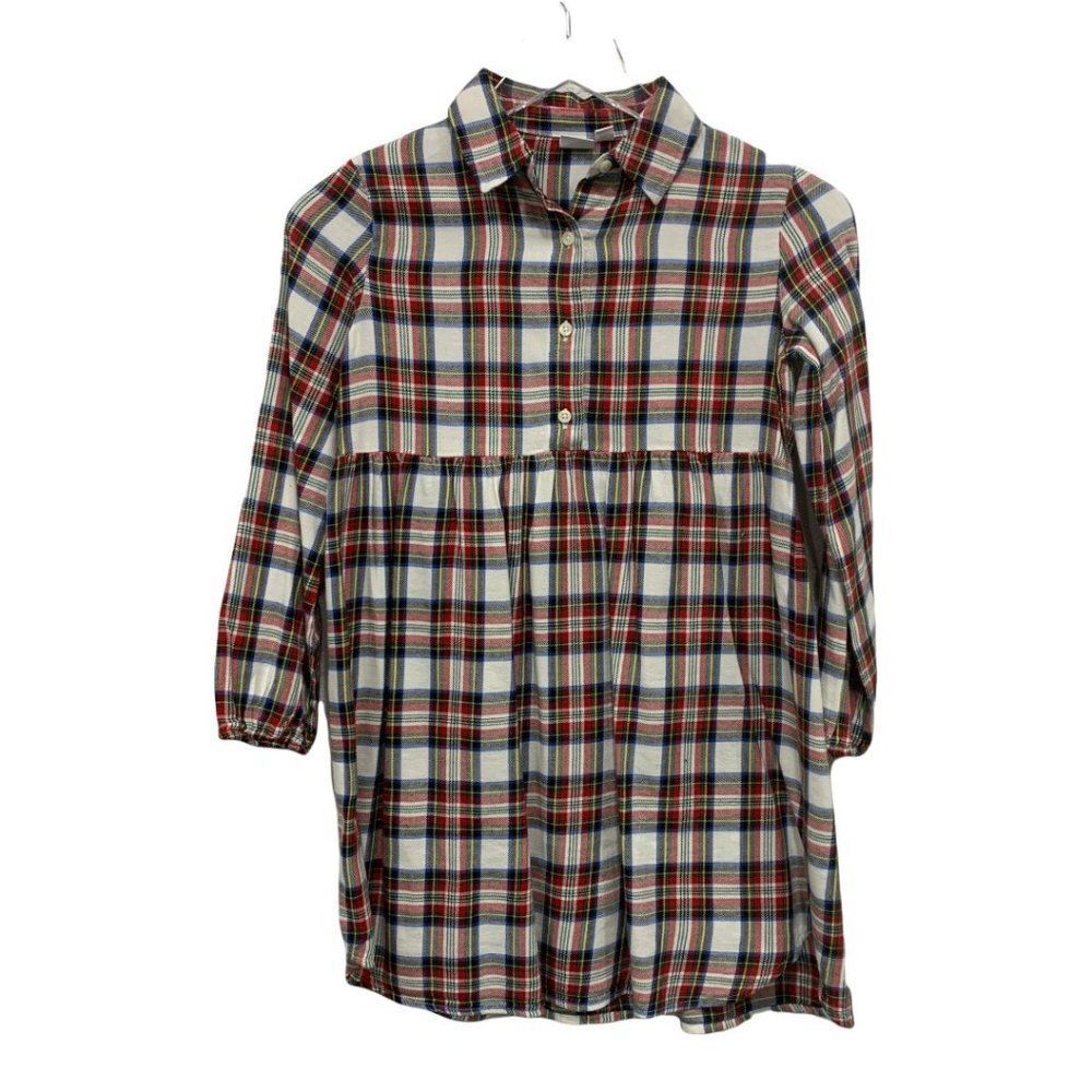 Gap Girls‎ Size M Plaid Shirt Dress Long Sleeve White Red Navy Checked